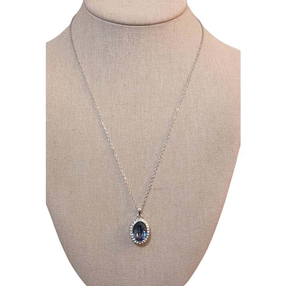 JCM Purple Blue Bezel Set Pendant with Rhinestones On Silver Tone Chain